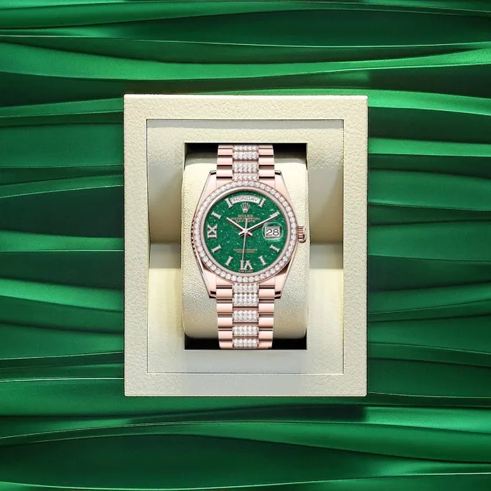 Rolex Bracelets Rolex Day Date 36mm Ref 128345RBR Green Aventurine Roman Diamond Dial Diamond Bezel 18K Rose Gold Diamonds President Bracelet Watch