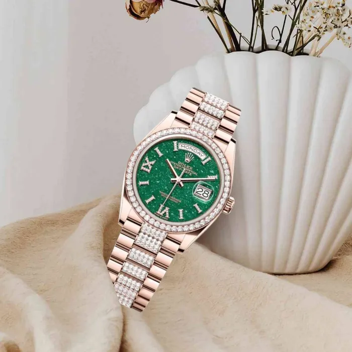Rolex Bracelets Rolex Day Date 36mm Ref 128345RBR Green Aventurine Roman Diamond Dial Diamond Bezel 18K Rose Gold Diamonds President Bracelet Watch
