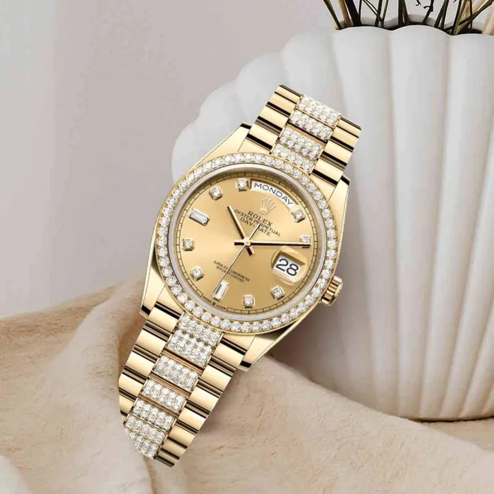 Rolex Bracelets Rolex Day Date 36mm Ref 128348rbr0010 Champagne Diamond Dial Diamond Bezel 18K Yellow Gold Diamonds President Bracelet Watch
