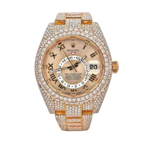 Rolex Bracelets Rolex SkyDweller 42mm Ref 326935 Sundust Roman Dial 18K Rose Gold Oyster Custom Diamond Bracelet Watch