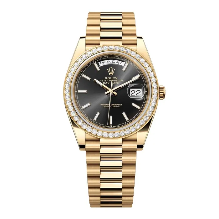 Rolex Day Date 40mm Ref 228348RBR Black Stick Dial Diamond Bezel 18K Yellow Gold President Bracelet Mens Watch Rolex Bracelets Rolex Day Date 40mm Ref 228348RBR Black Stick Dial Diamond Bezel 18K Yellow Gold President Bracelet Mens Watch Rolex Bracelets