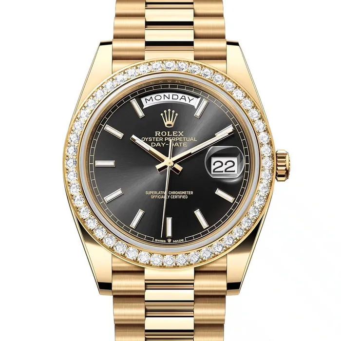 Rolex Day Date 40mm Ref 228348RBR Black Stick Dial Diamond Bezel 18K Yellow Gold President Bracelet Mens Watch Rolex Bracelets