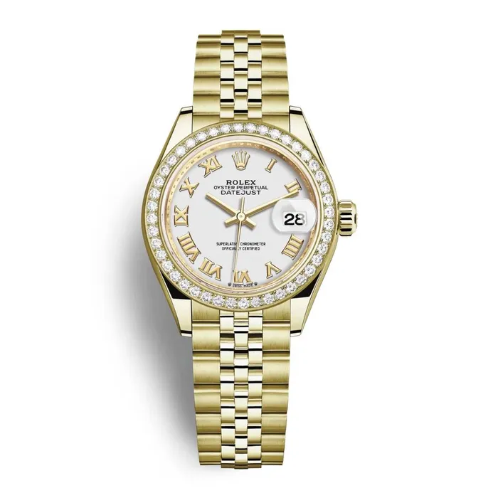 Rolex LadyDatejust 28mm Ref 279138rbr0032 White Roman Dial Diamond Bezel 18K Yellow Gold Jubilee Bracelet Womens Watch Rolex Bracelets Rolex LadyDatejust 28mm Ref 279138rbr0032 White Roman Dial Diamond Bezel 18K Yellow Gold Jubilee Bracelet Womens Watch Rolex Bracelets