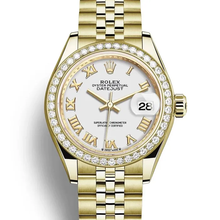 Rolex LadyDatejust 28mm Ref 279138rbr0032 White Roman Dial Diamond Bezel 18K Yellow Gold Jubilee Bracelet Womens Watch Rolex Bracelets