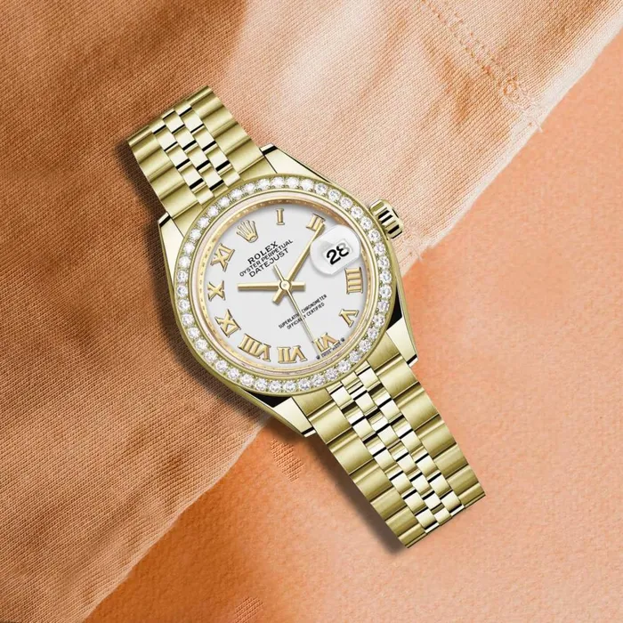 Rolex LadyDatejust 28mm Ref 279138rbr0032 White Roman Dial Diamond Bezel 18K Yellow Gold Jubilee Bracelet Womens Watch Rolex Bracelets