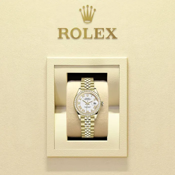 Rolex LadyDatejust 28mm Ref 279138rbr0032 White Roman Dial Diamond Bezel 18K Yellow Gold Jubilee Bracelet Womens Watch Rolex Bracelets
