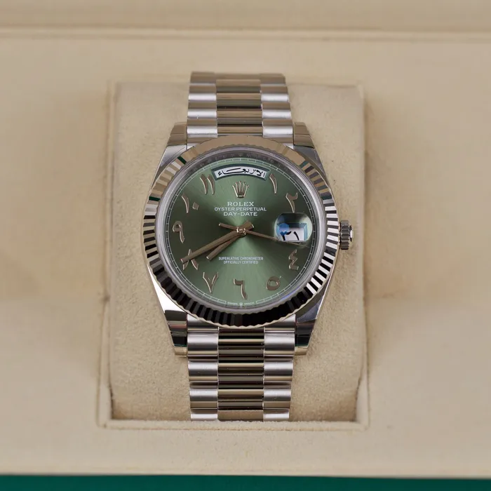 Rolex Rolex Day Date 40mm Ref 228236 ogap Olive Green Arabic Dial Fluted Bezel Platinum President Bracelet Mens Watch Bracelets