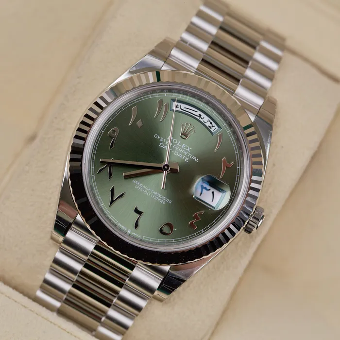 Rolex Rolex Day Date 40mm Ref 228236 ogap Olive Green Arabic Dial Fluted Bezel Platinum President Bracelet Mens Watch Bracelets