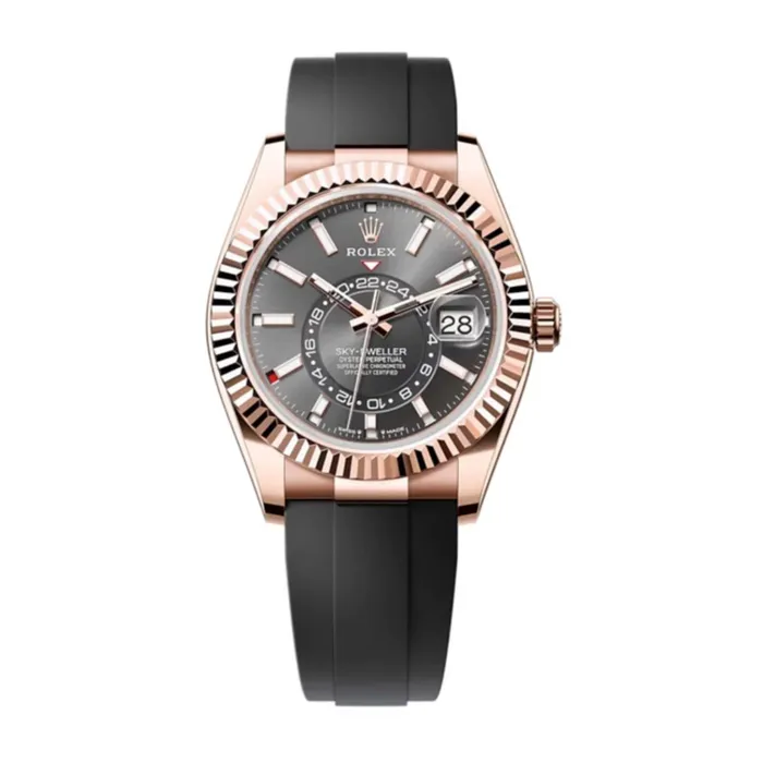 Rolex SkyDweller 42mm Ref 336235 Slate Grey Stick Dial 18K Rose Gold Case Black Oysterflex Bracelet Watch Rolex Bracelets Rolex SkyDweller 42mm Ref 336235 Slate Grey Stick Dial 18K Rose Gold Case Black Oysterflex Bracelet Watch Rolex Bracelets
