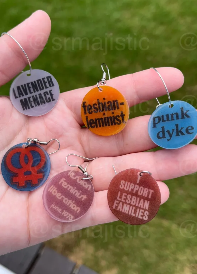 Sam Makes Things Earrings Vintage Pride Protest Button Design 2D Handmade Earrings