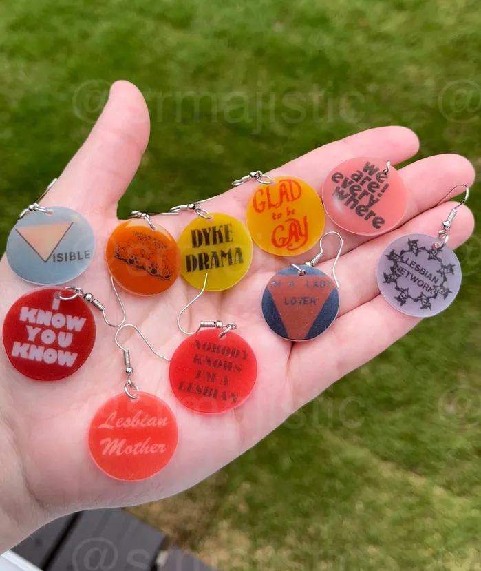 Sam Makes Things Earrings Vintage Pride Protest Button Design 2D Handmade Earrings