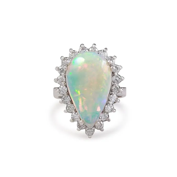 1425 Ct Ladies Pear Opal And Round Natural Earth Mined Diamonds Ring White Gold 14K GB Rings 1425 Ct Ladies Pear Opal And Round Natural Earth Mined Diamonds Ring White Gold 14K GB Rings