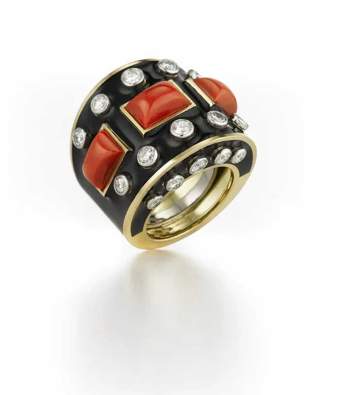 Bastille Ring Coral Black Enamel David Webb Workshop Rings