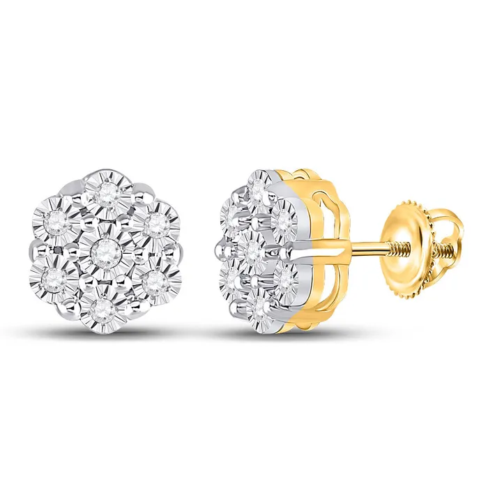 Earrings GND GND 10Kt Yellow Gold Womens Round Diamond Flower Cluster Earrings 110 Cttw Earrings GND GND 10Kt Yellow Gold Womens Round Diamond Flower Cluster Earrings 110 Cttw
