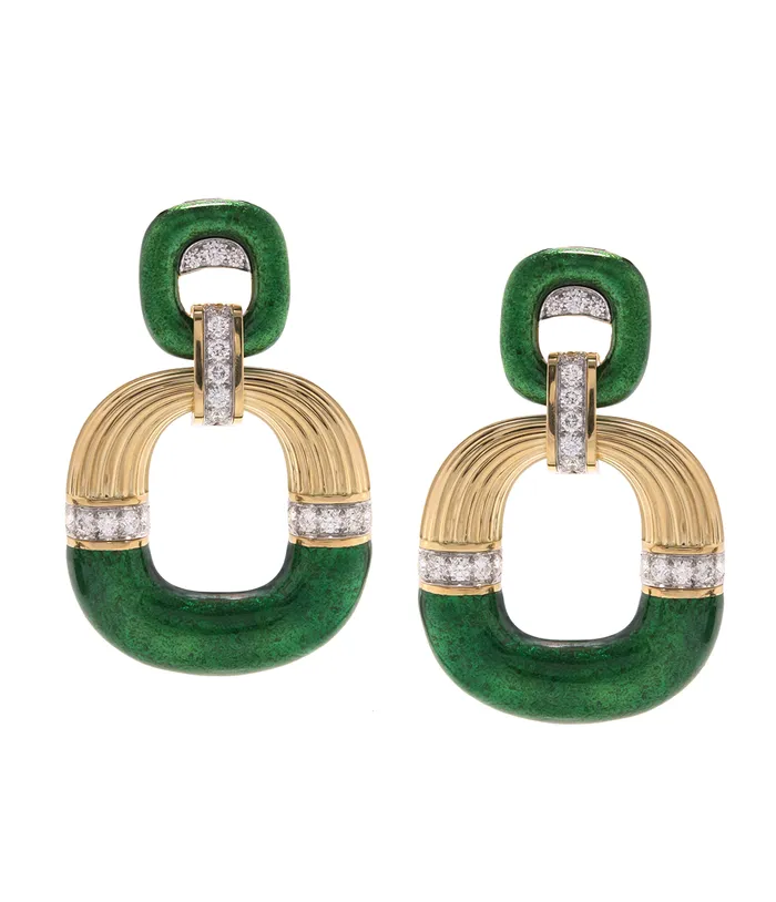Earrings Radiator Hoop Earrings Diamonds and Green Enamel David Webb