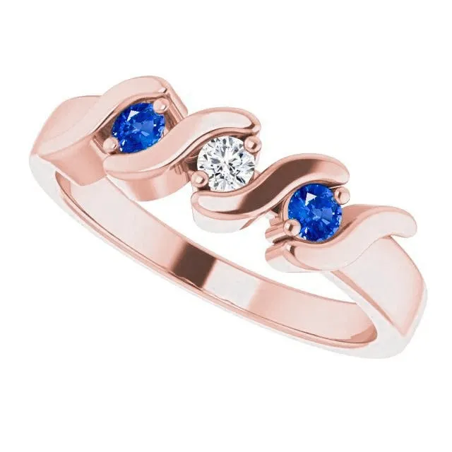 GB 3 Stone Ring Natural Earth Mined Diamond Blue Sapphire 090 Carats Rose Gold 14K Rings GB 3 Stone Ring Natural Earth Mined Diamond Blue Sapphire 090 Carats Rose Gold 14K Rings