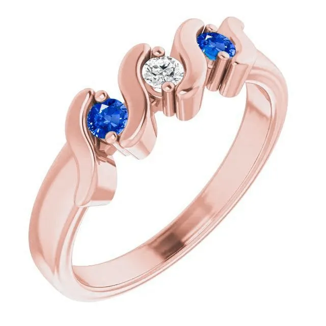 GB 3 Stone Ring Natural Earth Mined Diamond Blue Sapphire 090 Carats Rose Gold 14K Rings GB 3 Stone Ring Natural Earth Mined Diamond Blue Sapphire 090 Carats Rose Gold 14K Rings
