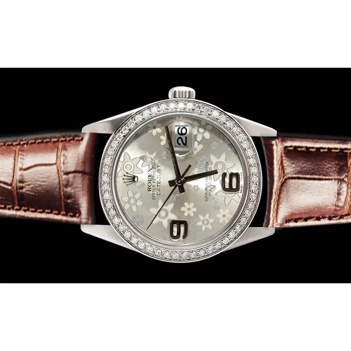 GB Dj Rolex Diamond Bezel Men Women Watch Brown Leather Silver Flower QUICK SET Watches