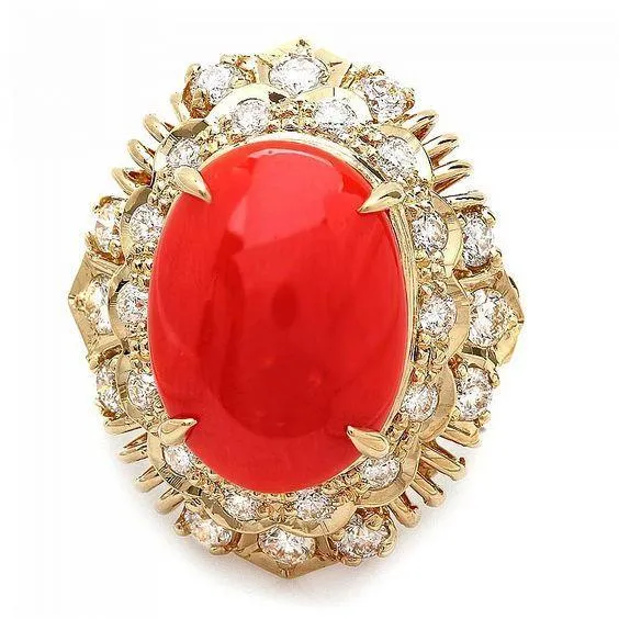 GB Rings 1350 Ct Oval Red Coral With Round Natural Earth Mined Diamonds Ring Yellow Gold 14K GB Rings 1350 Ct Oval Red Coral With Round Natural Earth Mined Diamonds Ring Yellow Gold 14K