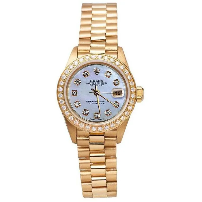 GB Watches Mop Diamond Dial Rolex Presidential Style Bezel Watch Yellow Gold Woman GB Watches Mop Diamond Dial Rolex Presidential Style Bezel Watch Yellow Gold Woman