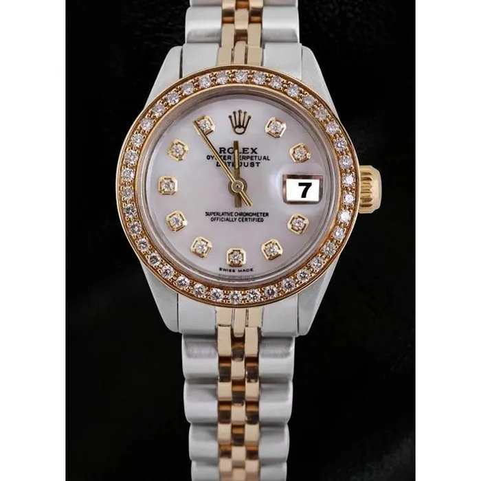 GB White Mop Diamond Dial Bezel Rolex Datejust Ladies Watch Ss Gold Watches