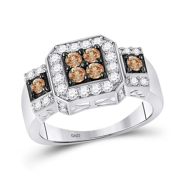 GND 14kt White Gold Womens Round Brown Diamond Cluster Ring 1 Cttw GND Rings GND 14kt White Gold Womens Round Brown Diamond Cluster Ring 1 Cttw GND Rings