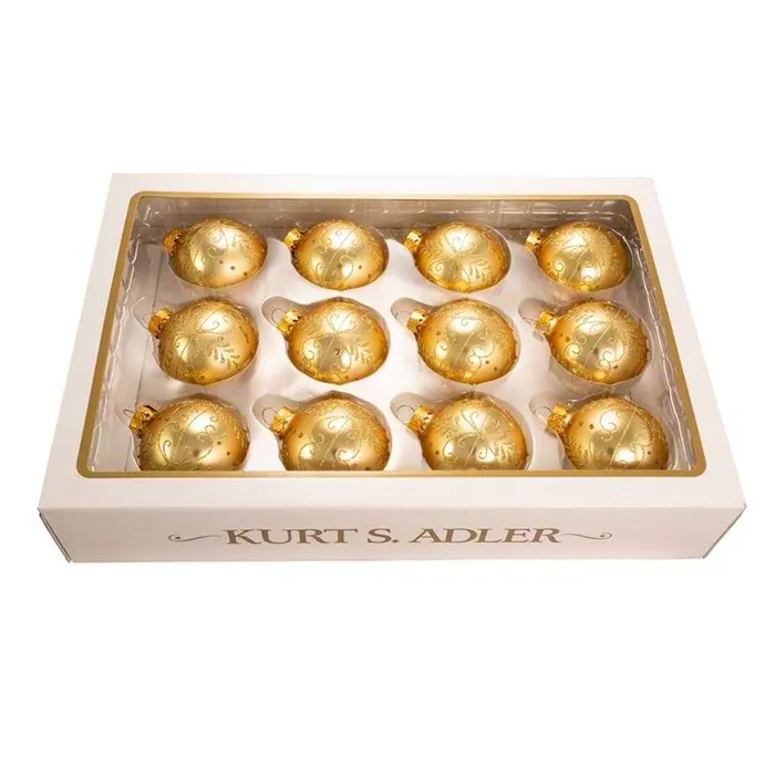 Kurt Adler 60Mm 12Pcs Gold Glass Ball Ornaments Kurt Adler PreStyled Sets