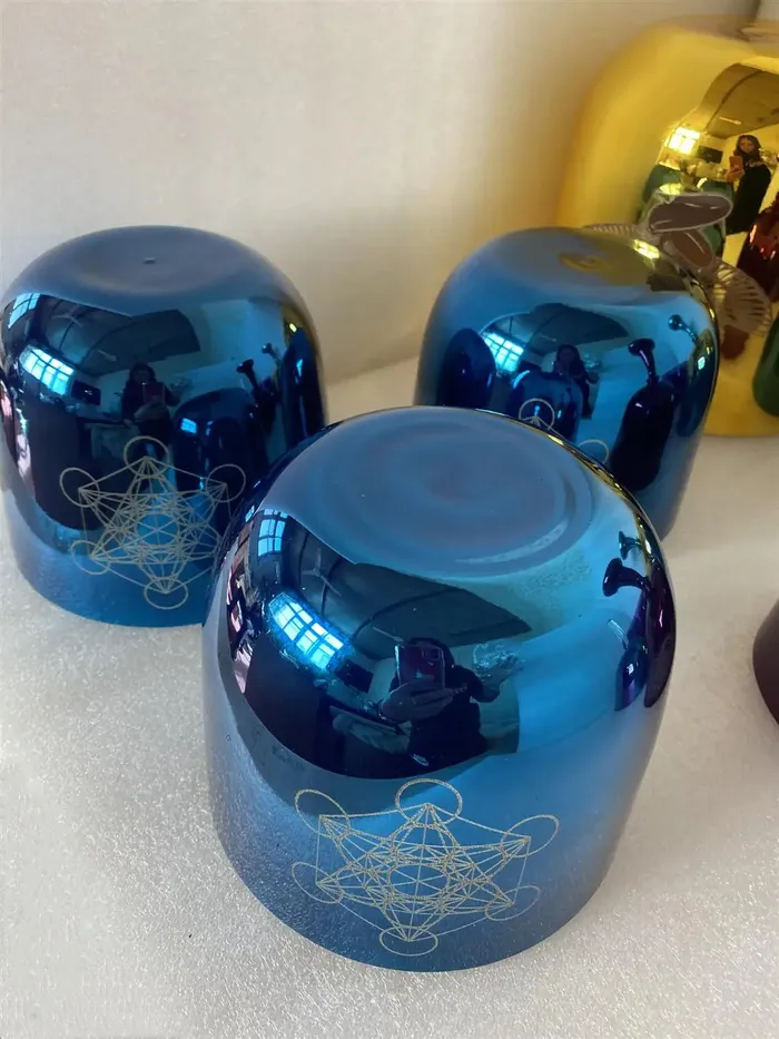 Life Changing Energy Rings 3pcs Shiny Blue Color Crystal Singing Bowl with Metatron cube Engravings 432hz FREE Mallet and Oring