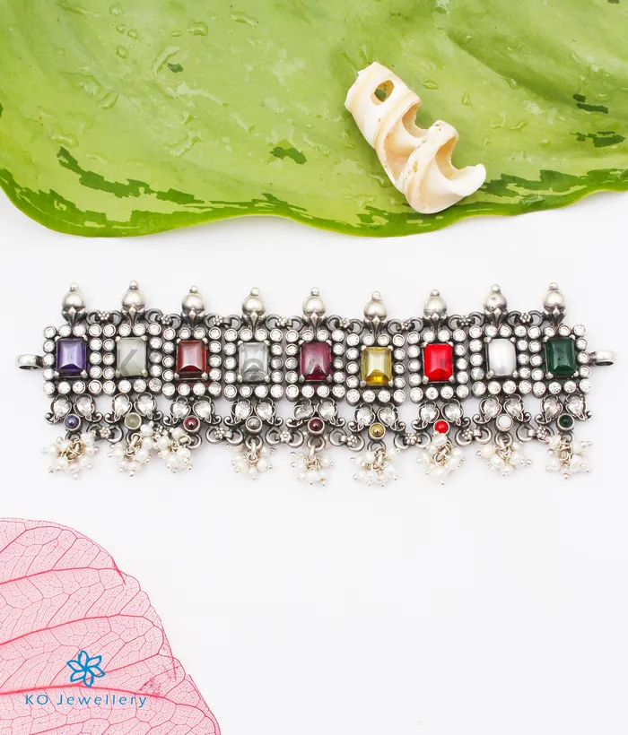 Necklaces Silversmith The Khyati Silver Navratna Choker Necklace Oxidised Necklaces Silversmith The Khyati Silver Navratna Choker Necklace Oxidised