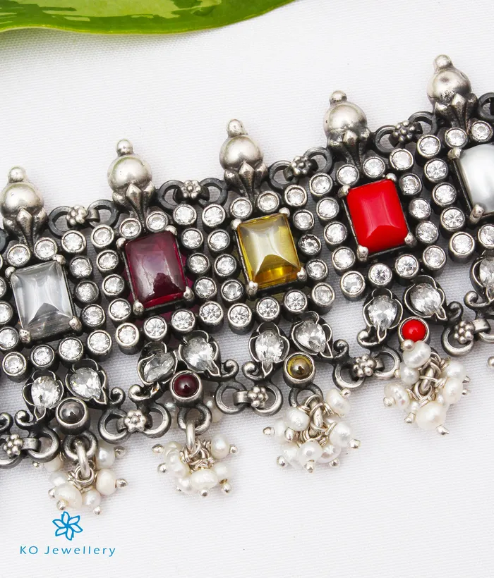 Necklaces Silversmith The Khyati Silver Navratna Choker Necklace Oxidised