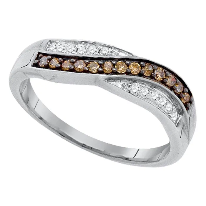 Rings GND GND 10kt White Gold Womens Round Brown Diamond Band Ring 14 Cttw Rings GND GND 10kt White Gold Womens Round Brown Diamond Band Ring 14 Cttw
