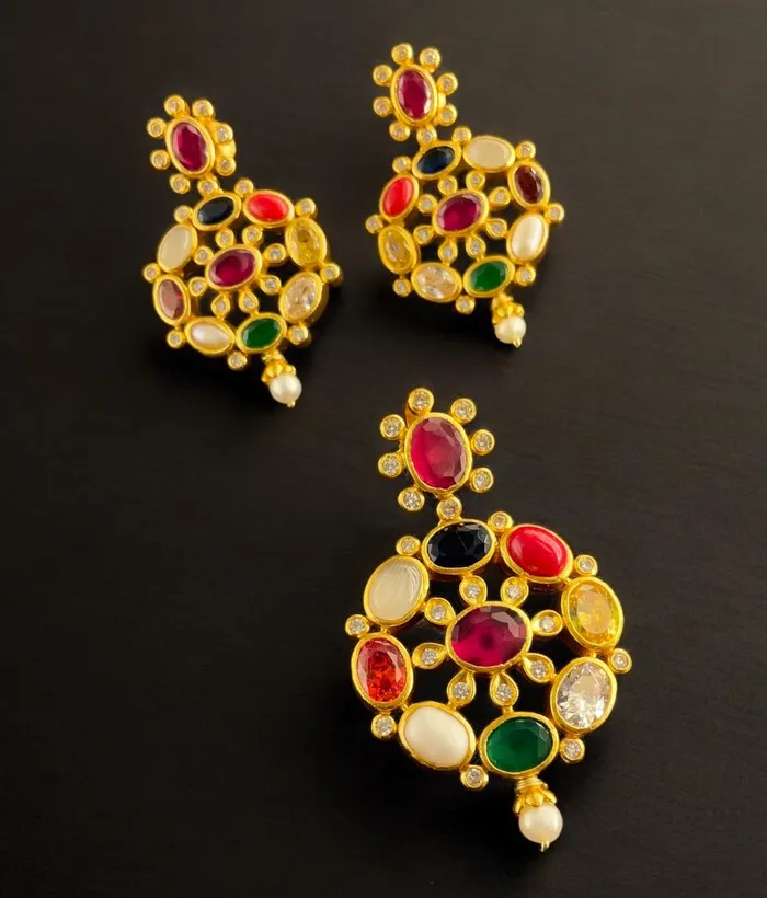 Silversmith Earrings The Payal Silver Navratna Pendant Earrings