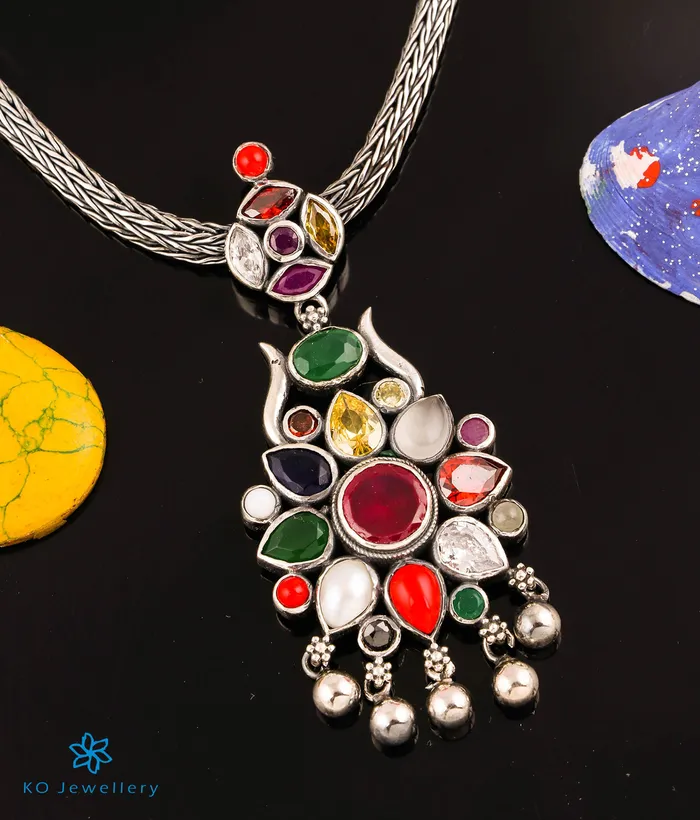 Silversmith The Raaga Silver Navratna Necklace Oxidised Necklaces