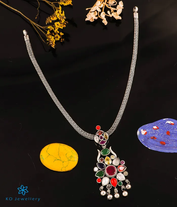 Silversmith The Raaga Silver Navratna Necklace Oxidised Necklaces