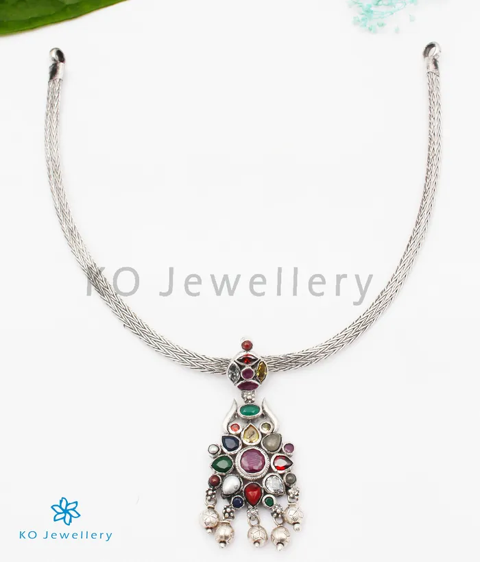 Silversmith The Raaga Silver Navratna Necklace Oxidised Necklaces