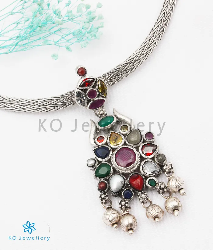 Silversmith The Raaga Silver Navratna Necklace Oxidised Necklaces