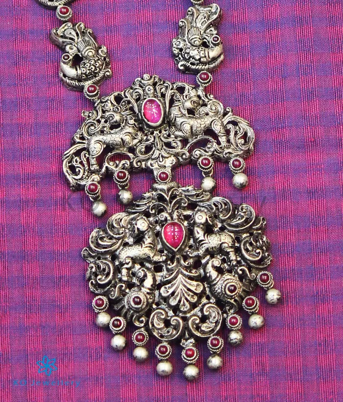 The Kairav Silver Peacock Nakkasi Necklace Oxidised Silversmith Necklaces