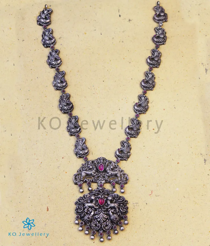 The Kairav Silver Peacock Nakkasi Necklace Oxidised Silversmith Necklaces