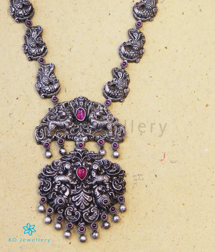 The Kairav Silver Peacock Nakkasi Necklace Oxidised Silversmith Necklaces