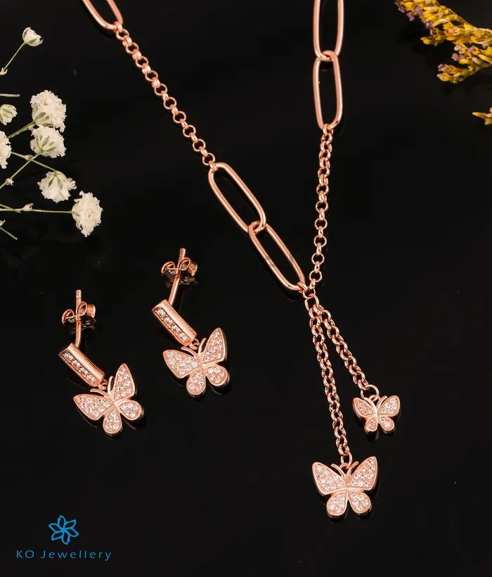 The Shining Butterflies Silver Rosegold Necklace Earrings Imported Earrings The Shining Butterflies Silver Rosegold Necklace Earrings Imported Earrings