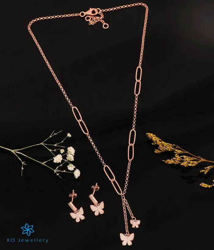 The Shining Butterflies Silver Rosegold Necklace Earrings Imported Earrings
